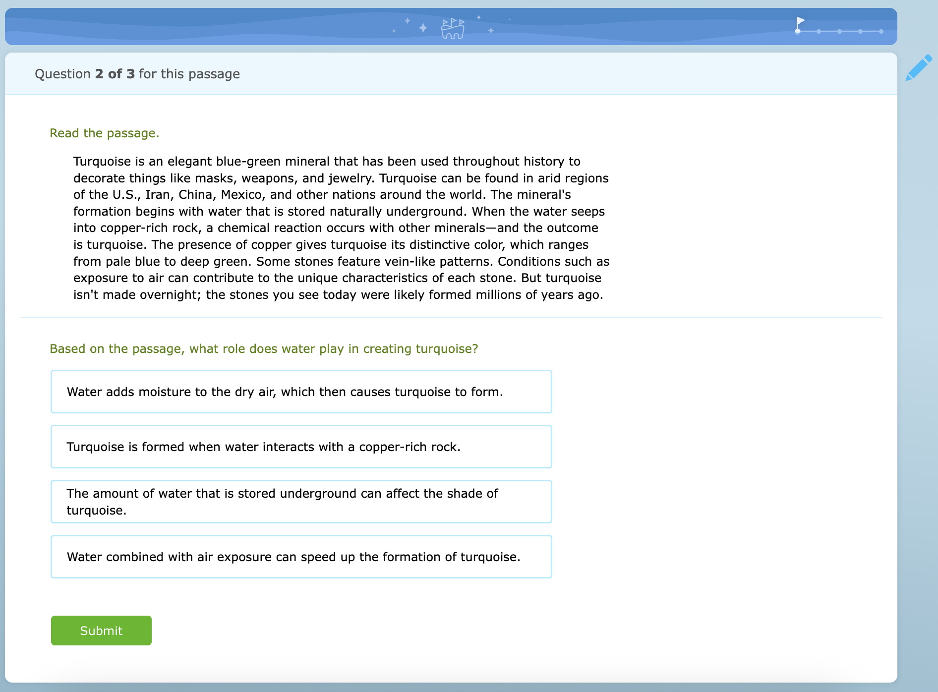 A question in the LevelUp ELA Diagnostic. The question shows a paragraph of text and asks a multiple choice question about it. Above the question is text saying "Question 2 of 3 for this passage."